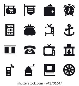 16 vector icon set : shop signboard, wallet, alarm clock, abacus, purse, tv, wardrobe, phone, fireplace, hand mill, wheel