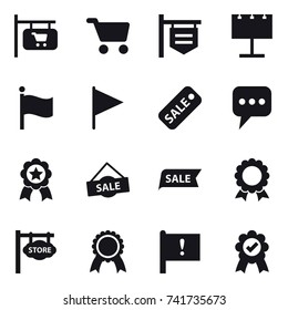 16 vector icon set : shop signboard, cart, billboard, flag, sale, message, medal, store signboard