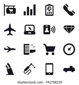 16 vector icon set : shop signboard, graph, report, phone, plane, notebook, pass card, diamond, hotel, cart, barometer, stands for knives, pickup