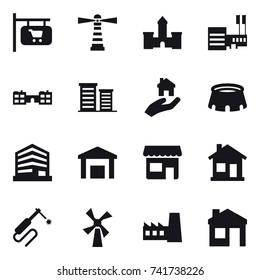 16 vector icon set : shop signboard, lighthouse, castle, mall, school, district, real estate, stadium, shop, home, windmill, factory, house