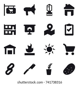 16 vector icon set : shop signboard, loudspeaker, crystall  memory, home, modular house, presentation, sun, cart, chef knife, seedling, potato