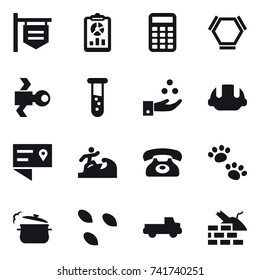 16 vector icon set : shop signboard, report, calculator, hex molecule, satellite, vial, chamical industry, building helmet, surfer, phone, pets, steam pan, seeds, pickup, construct garbage