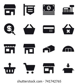16 vector icon set : shop, shop signboard, money, cashbox, dollar arrow, basket, credit card, delete cart, warehouse, hangare, package