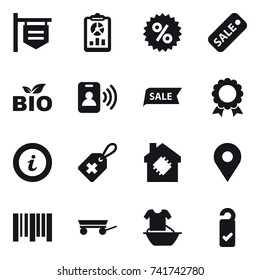 16 vector icon set : shop signboard, report, percent, sale, bio, pass card, medal, info, smart house, trailer, handle washing, please clean