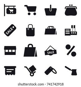 16 vector icon set : shop signboard, cart, basket, purse, sale, shopping bag, store, market, percent, atm receipt, turk