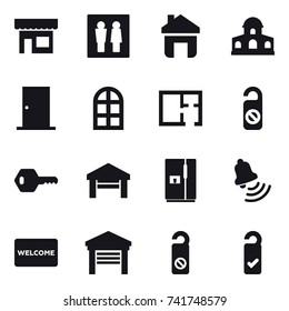16 vector icon set : shop, wc, home, mansion, door, arch window, plan, do not distrub, key, garage, fridge, bell, welcome mat, please clean