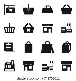 16 vector icon set : shop signboard, basket, shopping bag, delete cart, shop, store, shopping list, cashbox, mall