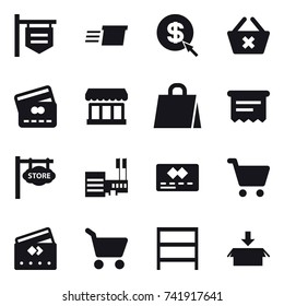 16 vector icon set : shop signboard, delivery, dollar arrow, delete cart, credit card, market, shopping bag, atm receipt, store signboard, mall, cart, rack, package