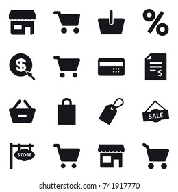 16 vector icon set : shop, cart, basket, percent, dollar arrow, credit card, account balance, remove from basket, shopping bag, label, sale, store signboard