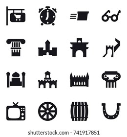 16 vector icon set : shop signboard, alarm clock, delivery, column, castle, arch, greate wall, minaret, fort, gothic architecture, antique column, tv, wheel, barrel, horseshoe