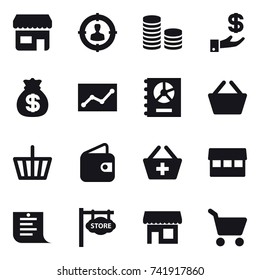 16 vector icon set : shop, target audience, coin stack, investment, money bag, statistic, annual report, basket, wallet, add to basket, market, shopping list, store signboard, cart