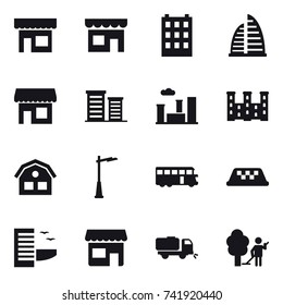 16 vector icon set : shop, building, skyscraper, district, city, palace, house, outdoor light, bus, taxi, hotel, sweeper, garden cleaning