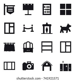 16 vector icon set : shop signboard, billboard, abacus, window, vip fence, detector, dog, curtain, dresser, rack, barn, clean  window