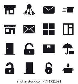 16 vector icon set : shop, share, mail, delivery, window, door, unlock, unlocked, package