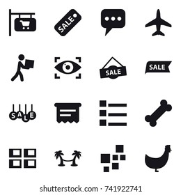16 vector icon set : shop signboard, sale, message, plane, courier, eye identity, atm receipt, list, panel house, palm hammock, chicken