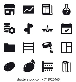 16 vector icon set : shop, statistic, newspaper, round flask, virtual mining, mixer, window, watering, paper towel