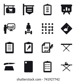 16 vector icon set : shop signboard, clipboard, presentation, hoverboard, chip, under construction, iron board, cutting board, clipboard list