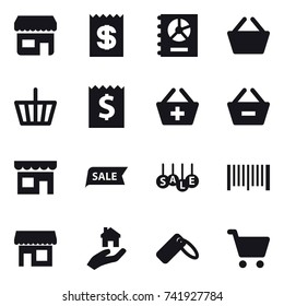 16 vector icon set : shop, receipt, annual report, basket, add to basket, remove from basket, sale, barcode, real estate