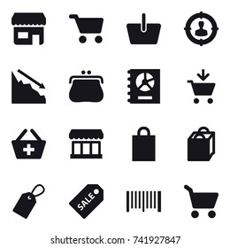 16 vector icon set : shop, cart, basket, target audience, crisis, purse, annual report, add to cart, add to basket, market, shopping bag, label, sale label, barcode