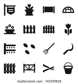 16 vector icon set : shop signboard, flower, fence, greenhouse, flower bed, watering, seeds, fork, sickle, farm fence, pruner, bucket