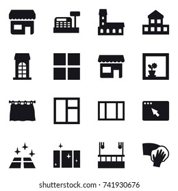 16 vector icon set : shop, cashbox, mansion, cottage, building, window, flower in window, curtain, clean floor, clean  window, skyscapers cleaning, wiping