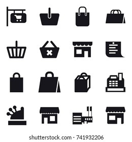 16 vector icon set : shop signboard, basket, shopping bag, delete cart, shop, shopping list, cashbox, mall