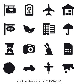 16 vector icon set : shop signboard, report, plane, warehouse, houses, camera, stands for knives, pickup, scarecrow, spot