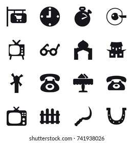 16 vector icon set : shop signboard, clock, stopwatch, cell corection, tv, minaret, japanese house, windmill, restaurant, phone, fence, sickle, horseshoe