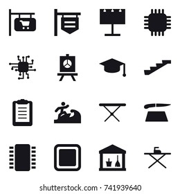 16 vector icon set : shop signboard, billboard, chip, presentation, graduate hat, stairs, surfer, iron board, cutting board, utility room
