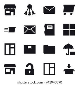 16 vector icon set : shop, share, mail, delivery, copybook, window, unlocked, package
