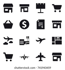 16 vector icon set : shop, billboard, cart, basket, dollar coin, account balance, journey, mall, plane, airplane