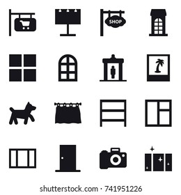 16 vector icon set : shop signboard, billboard, building, window, arch window, detector, photo, dog, curtain, rack, door, clean  window