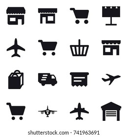 16 vector icon set : shop, cart, billboard, plane, basket, shopping bag, delivery, atm receipt, airplane, garage