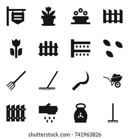 16 vector icon set : shop signboard, flower, flower bed, fence, watering, seeds, fork, rake, sickle, wheelbarrow, sow, fertilizer