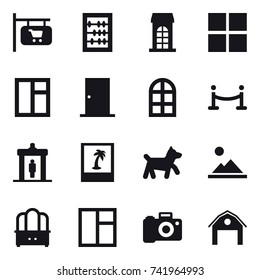 16 vector icon set : shop signboard, abacus, building, window, door, arch window, vip fence, detector, photo, dog, landscape, dresser, barn