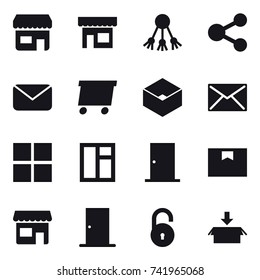 16 vector icon set : shop, share, mail, delivery, box, window, door, package