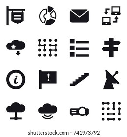 16 vector icon set : shop signboard, circle diagram, mail, notebook connect, cloude service, chip, list, singlepost, info, stairs