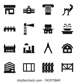 16 vector icon set : shop, column, greate wall, bridge, lighthouse, japanese house, fountain, gothic architecture, city, drawing compass, house, window, fence, farm fence