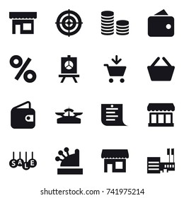 16 vector icon set : shop, target, coin stack, wallet, percent, presentation, add to cart, basket, scales, shopping list, market, sale, cashbox, mall