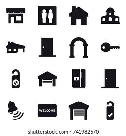 16 vector icon set : shop, wc, home, mansion, house with garage, door, arch, key, do not distrub, garage, fridge, bell, welcome mat, please clean