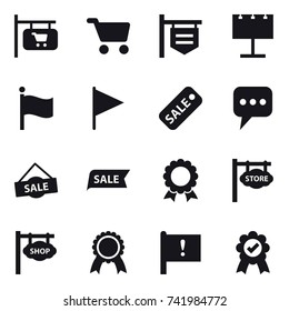 16 vector icon set : shop signboard, cart, billboard, flag, sale, message, medal, store signboard