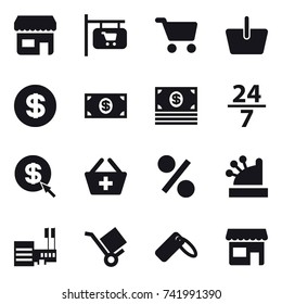 16 vector icon set : shop, shop signboard, cart, basket, dollar, money, 24/7, dollar arrow, add to basket, percent, cashbox, mall