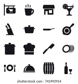 16 vector icon set : shop signboard, hot drink, shop, cocktail, stands for knives, pan, cook hat, chef knife, barrel, wine