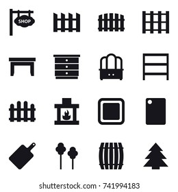 16 vector icon set : shop signboard, fence, table, chest of drawers, dresser, rack, fireplace, cutting board, trees, barrel, spruce