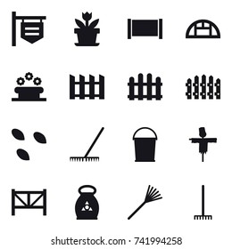 16 vector icon set : shop signboard, flower, fence, greenhouse, flower bed, seeds, rake, bucket, scarecrow, farm fence, fertilizer