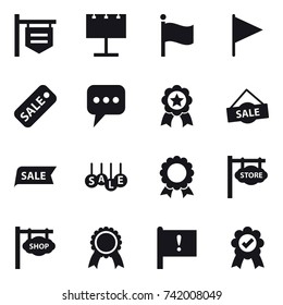 16 vector icon set : shop signboard, billboard, flag, sale, message, medal, store signboard