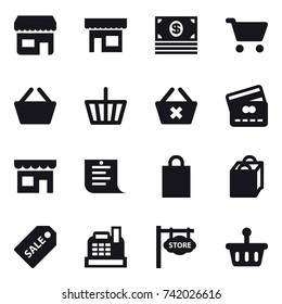 16 vector icon set : shop, money, cart, basket, delete cart, credit card, shopping list, shopping bag, sale label, cashbox, store signboard