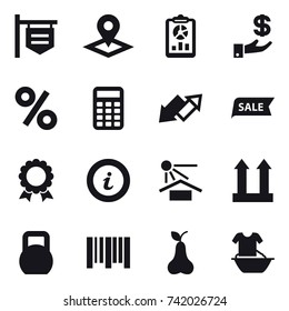 16 vector icon set : shop signboard, pointer, report, investment, percent, calculator, up down arrow, sale, medal, info, pear, handle washing