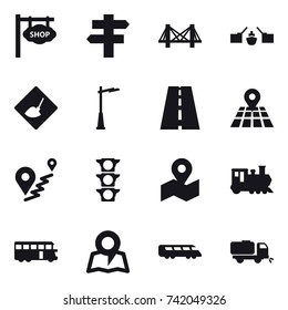 16 vector icon set : shop signboard, singlepost, bridge, drawbridge, under construction, outdoor light, train, bus, map, sweeper