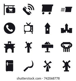 16 vector icon set : shop signboard, call, delivery, phone, tv, tower, castle, arch, windmill, restaurant, antique column, sickle